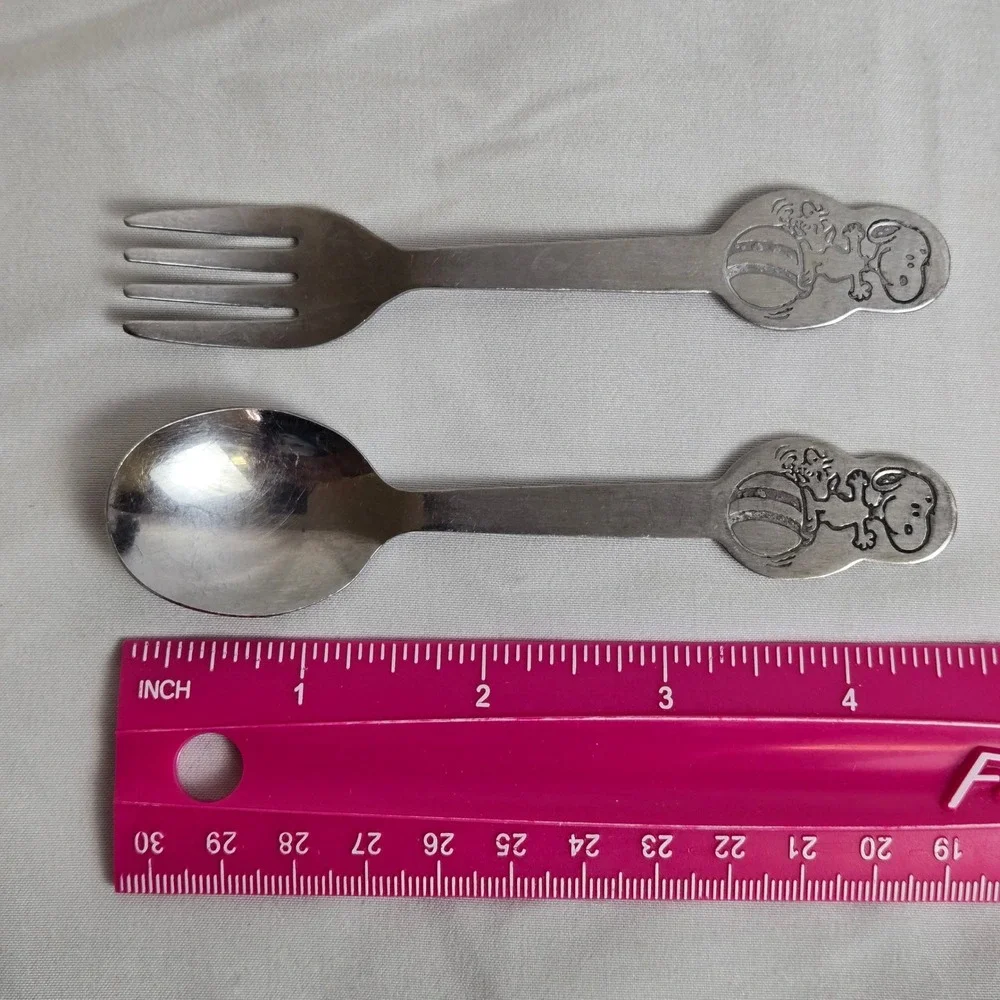 Danara‎ Peanuts Snoopy Child's Stainless Steel Utensil Set Spoon & Fork Vtg 60s